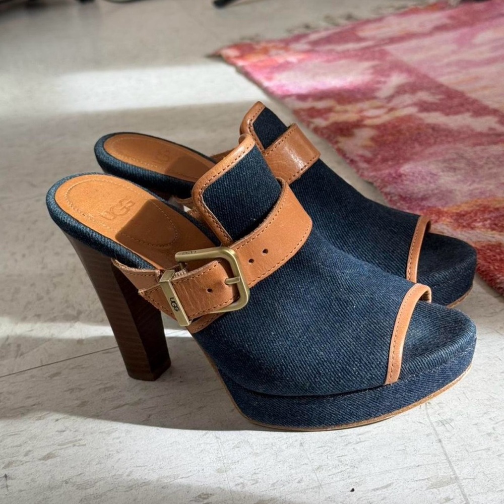 UGG Women's Navy and Tan Heeled Mules